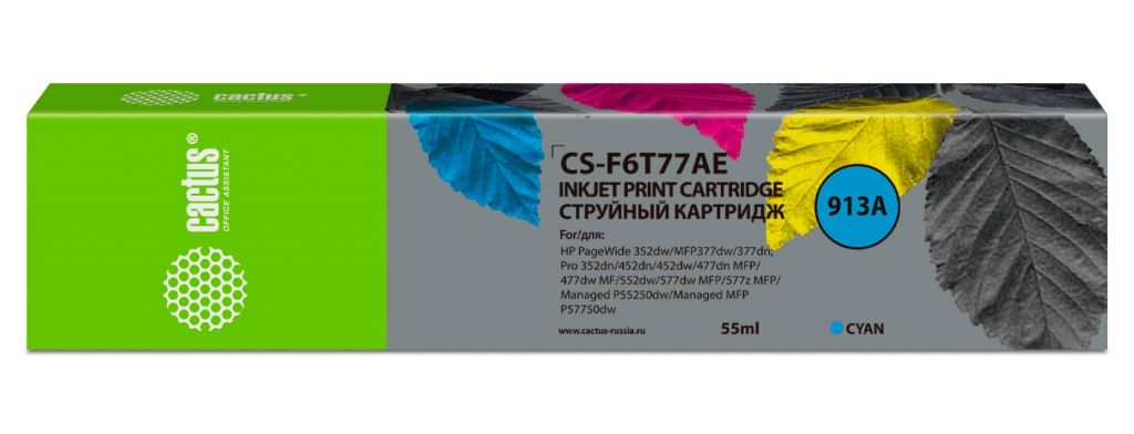 Картридж струйный Cactus CS-F6T77AE 913A голубой (55мл) для HP PW 352dw/377dw/Pro 477dw/452dw