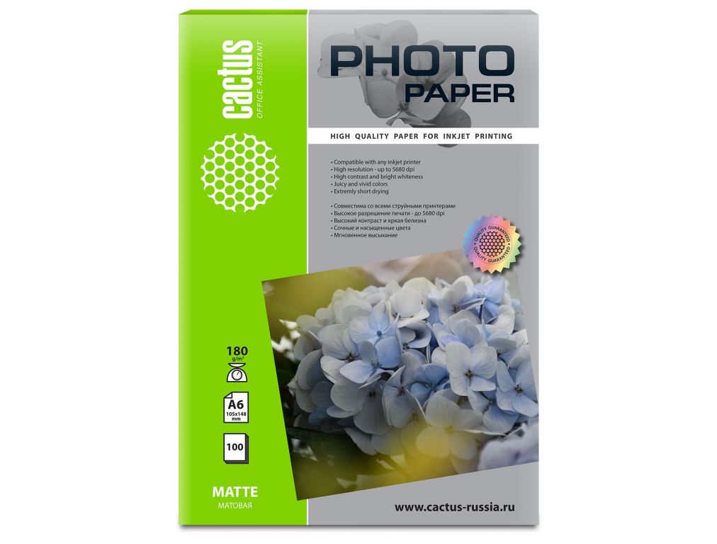 Фотобумага Cactus CS-MA6180100 A6/180г/м2/100л./белый матовое для струйной печати