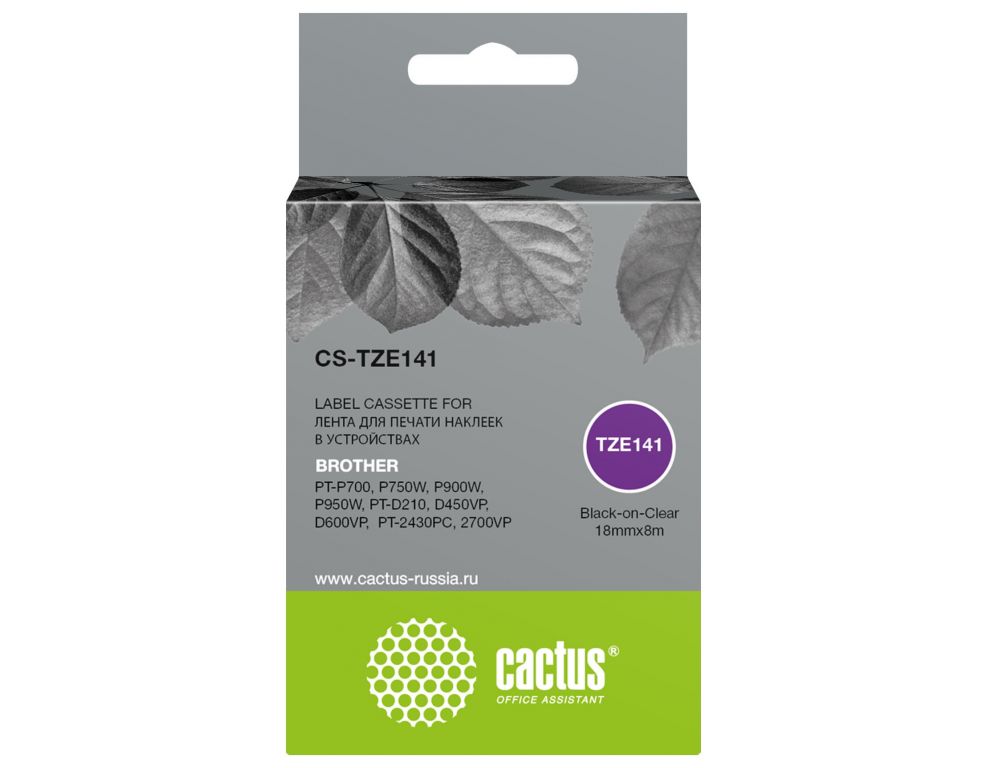 Картридж ленточный Cactus CS-TZE141 TZe-141 черный для Brother PT-P700, P750W, P900W, P950W, PT-D210, D450VP, D600VP, PT-2430PC, 2700VP