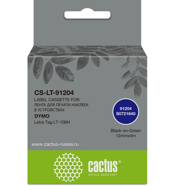 Картридж ленточный Cactus CS-LT-91204 91204 черный/зеленый для Dymo Letra Tag LT-100H