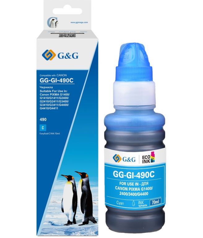 Чернила G&G GG-GI-490C GI-490 голубой 70мл для Canon Pixma G1400/G2400/G3400/G4400