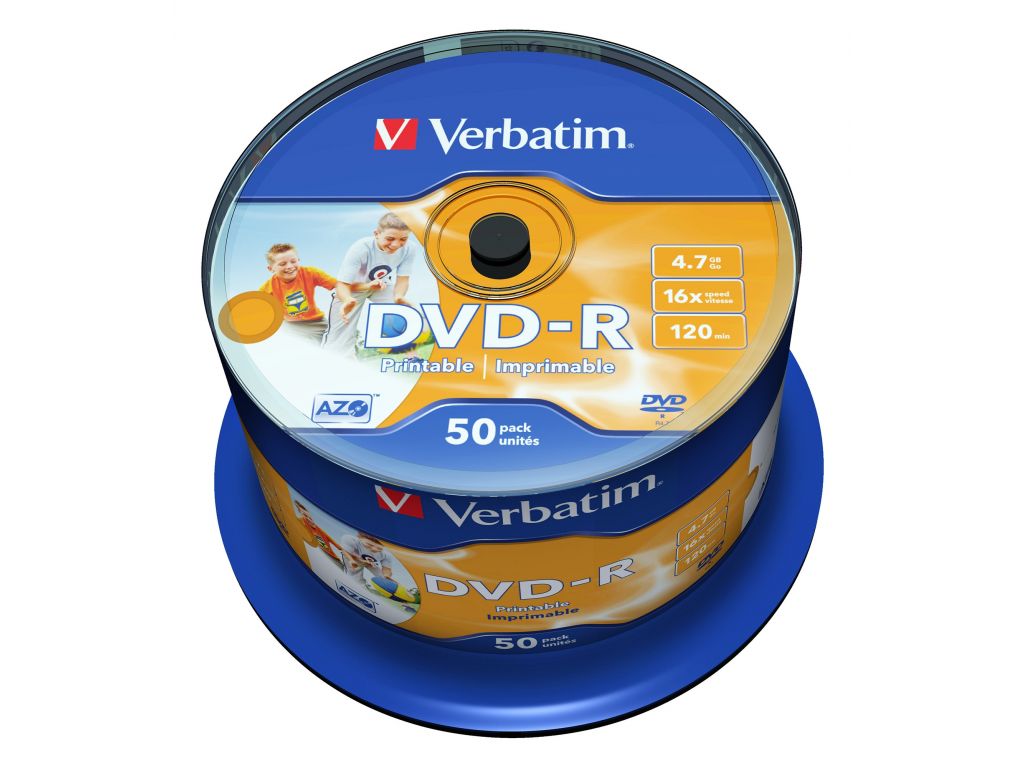 DVD-R диск Verbatim 4.7Gb 16x AZO Wide Inkjet Printable без ЛОГО по 50 шт. CakeBox