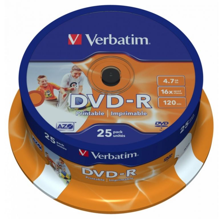 DVD-R диск Verbatim Wide Inkjet Printable 4.7Gb 16x 43538 (CakeBox, 25 шт.)