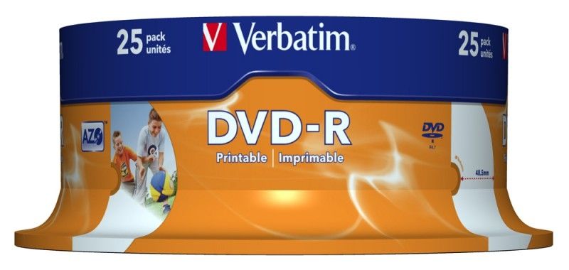DVD-R диск Verbatim Wide Inkjet Printable 4.7Gb 16x 43538 (CakeBox, 25 шт.)