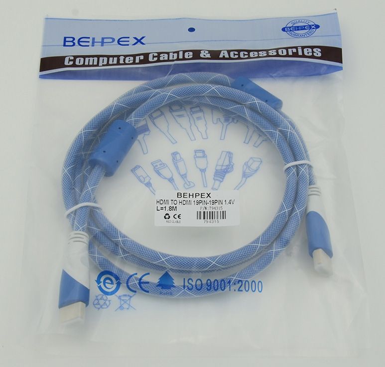 Кабель HDMI Ver.1.4 Blue/white jack HDMI(19pin)/HDMI(19pin) (1.8м) феррит.кольца Позолоченные контакты