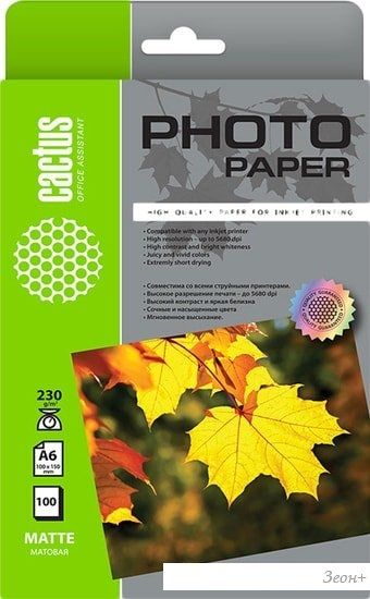 Фотобумага CACTUS Матовая 10x15 230 г/м2 100 листов CS-MA6230100