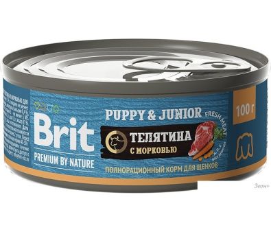 Консервированный корм для собак Brit для щенков всех пород с телятиной и морковью 100 г