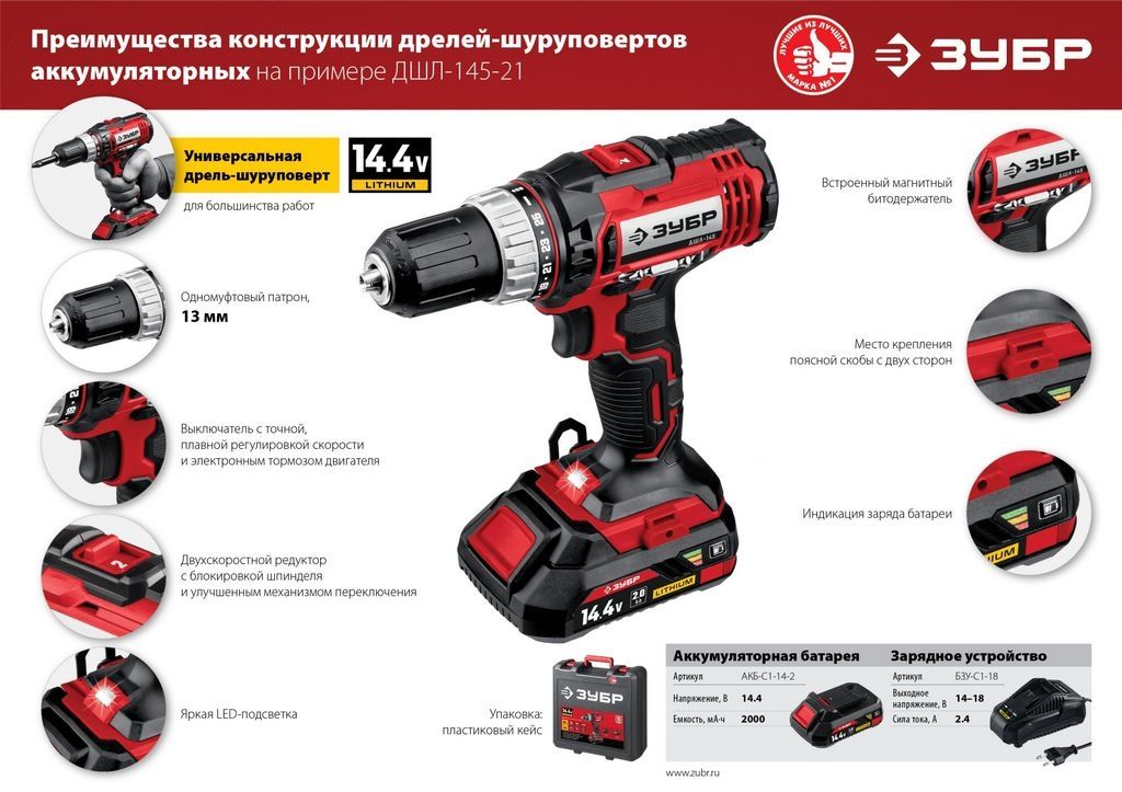 Дрель-шуруповерт Зубр Мастер ДШЛ-145-22 (с 2-мя АКБ, кейс)