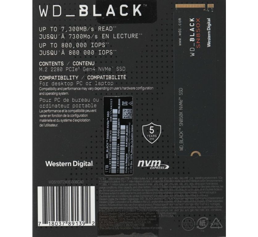 SSD WD Black SN850X NVMe 1TB WDS100T2X0E