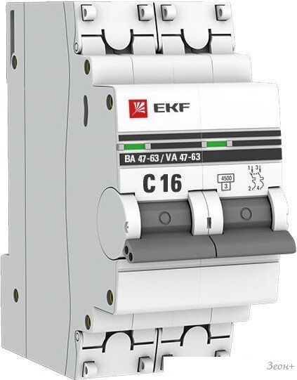 Выключатель автоматический EKF ВА 47-63 2P 16А (C) 4.5kA PROxima mcb4763-2-16C-pro