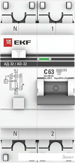 Дифференциальный автомат EKF PROxima АД-32 2P 63А (C) 100мА тип AC 4.5кА DA32-63-100-pro
