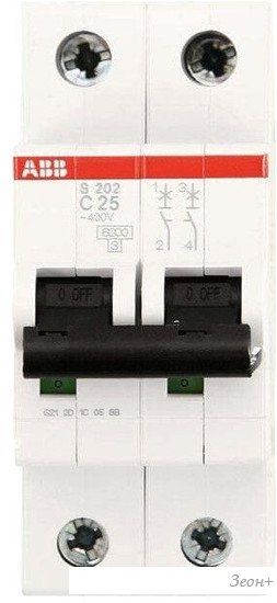 Выключатель автоматический ABB S 202 2P С 25А 6кА 2M 2CDS252001R0254