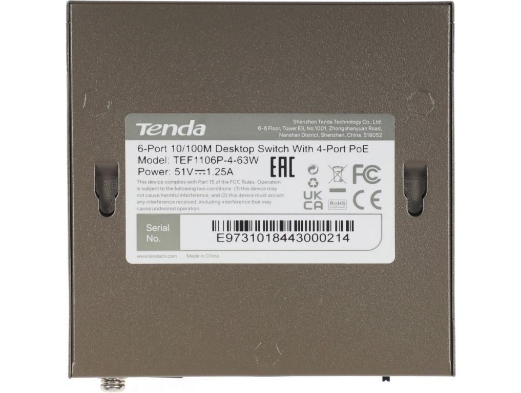 Неуправляемый коммутатор Tenda TEF1106P-4-63W
