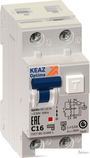 Дифференциальный автомат КЭАЗ OptiDin D63 2P (1P+N) C 6А 30мА тип A 6кА УХЛ4 103505