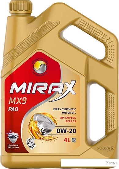 Моторное масло Mirax MX9 0W-20 С5 SN Plus 4л