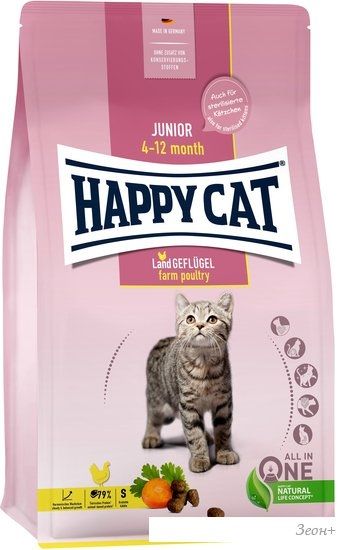 Сухой корм для кошек Happy Cat Junior 4-12 Month Land Geflugel птица, без злаков 10 кг