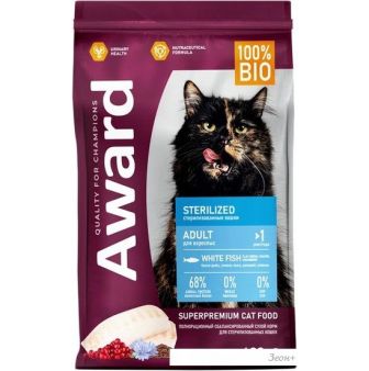 Сухой корм для кошек Award Adult Sterilized (для стерилизованных с белой рыбой с добавлением семян льна, клюквы и цикория) 400 г