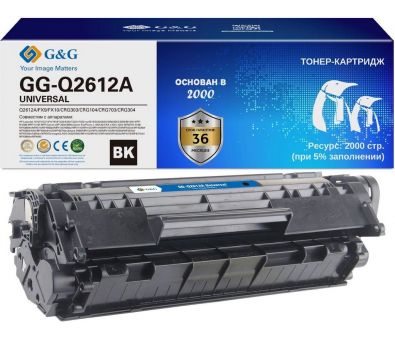   G&G GG-Q2612A GG-Q2612A UNIVERSAL  (2000.)  HP 1010/1012/1015/1018/Canon LBP2900/3000/L120/L90/L100/L120/HP 1020/1022/3015/3020/3030/3050/3052/3055/M1005/1300/1319f; Canon 4140/MF4380dn/4010/4660pl/4100/4690pl/4110/4120/4...