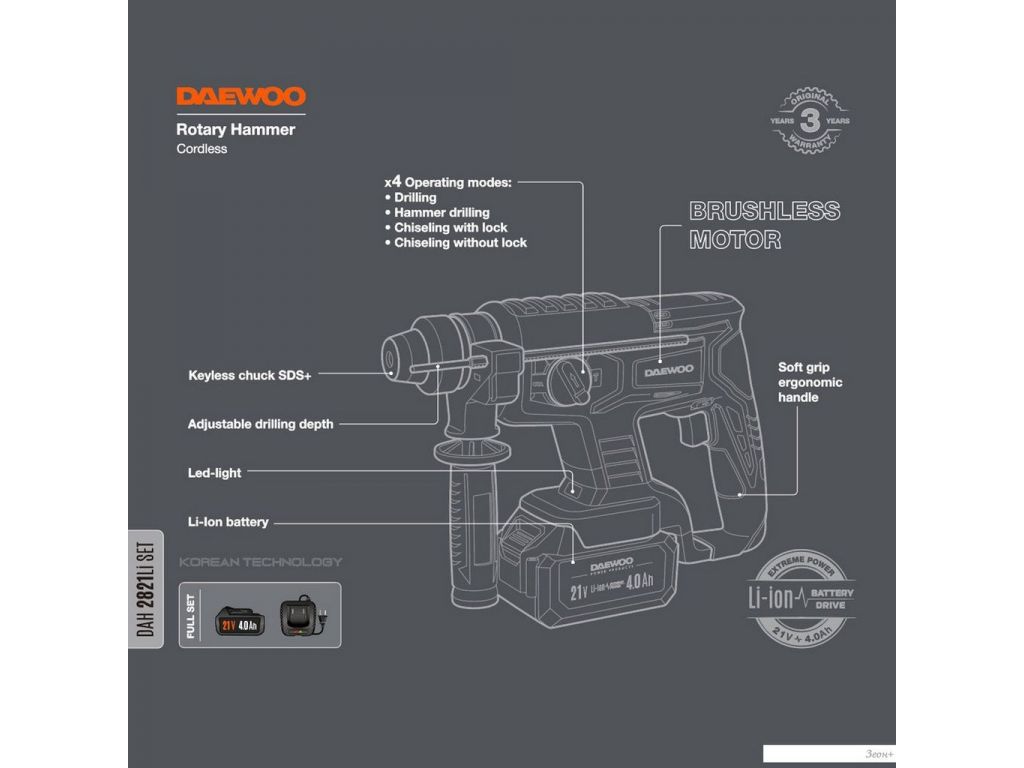 Перфоратор Daewoo Power DAH 2821 Li Set (с 1-им АКБ, кейс)