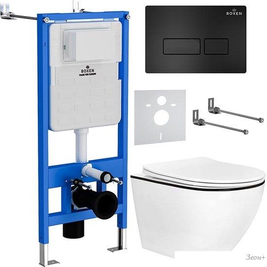 Унитаз подвесной Roxen Antares Black в комплекте с инсталляцией StounFix Slim 6 в 1 964755 (кнопка: черный матовый)