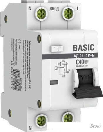 Дифференциальный автомат EKF Basic АД-12 1P+N 40А 30мА 4.5кА DA12-40-30-bas