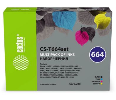  Cactus CS-T664set 664 ///  4x70  Epson L130,L110,L100,L220,L200,L310,L300,L360,L361,L380,L382,L350,L355,L365,L395,L405,L485,L495,L555,L565,L575,Expression ET-2500,ET-2550,ET-2600,ET-2650,ET-4500;WorkForce ...