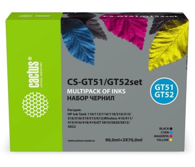  Cactus CS-GT51/GT52set GT51/GT52 ///  3x70  HP Ink Tank 110/115/116/118/310/315/316/318/319/515/615;Wireless 410/411/415/416/418/419;GT 5810/5820/5812/5822