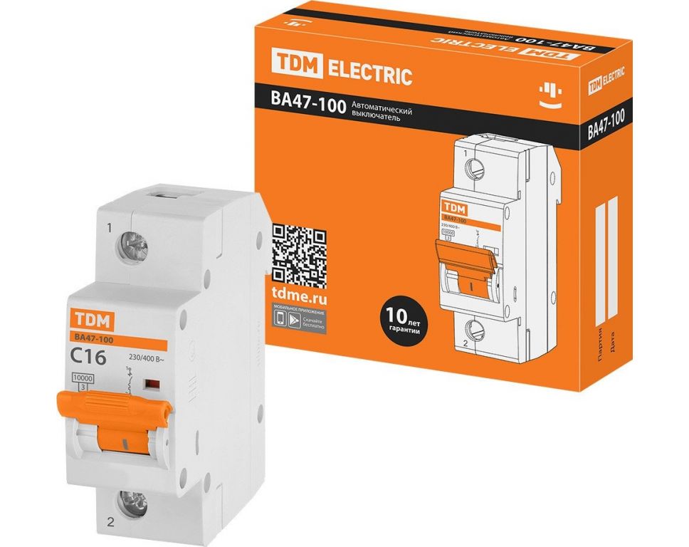 Выключатель автоматический TDM Electric ВА 47-100 1Р 16А (C) 10кА SQ0207-0046