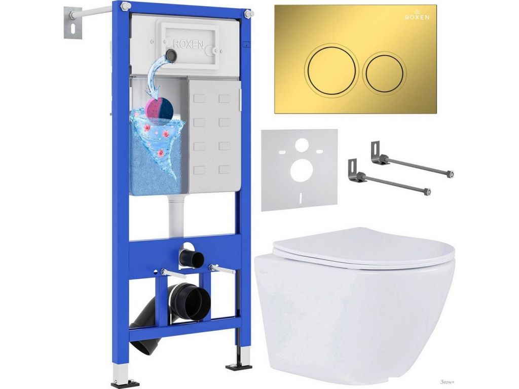 Унитаз подвесной Roxen Antares в комплекте с инсталляцией StounFix Dual Fresh 6 в 1 968010 (кнопка: золото глянцевое )