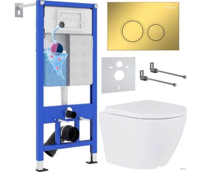 Унитаз подвесной Roxen Antares в комплекте с инсталляцией StounFix Dual Fresh 6 в 1 968011 (кнопка: золото глянцевое )
