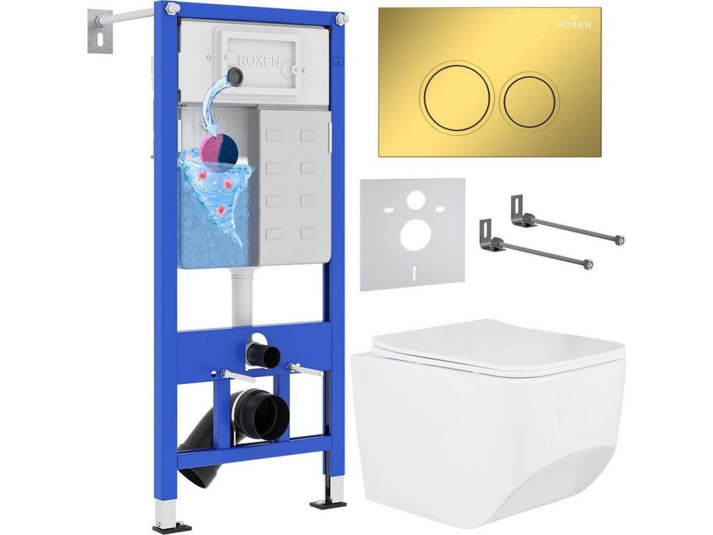 Унитаз подвесной Roxen Boro в комплекте с инсталляцией StounFix Dual Fresh 6 в 1 968023 (кнопка: золото глянцевое )