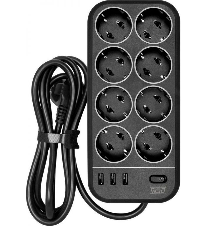 Сетевой фильтр Powercom SP-08 USB03AB (1.8 м, 8 розеток, черный)