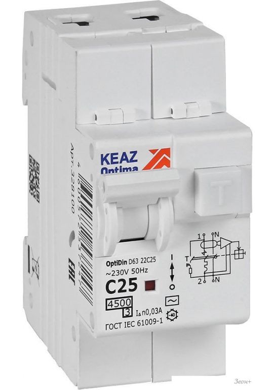 Дифференциальный автомат КЭАЗ OptiDin D63-22C25-AC-У3 C25 30мА 4.5кА 328100