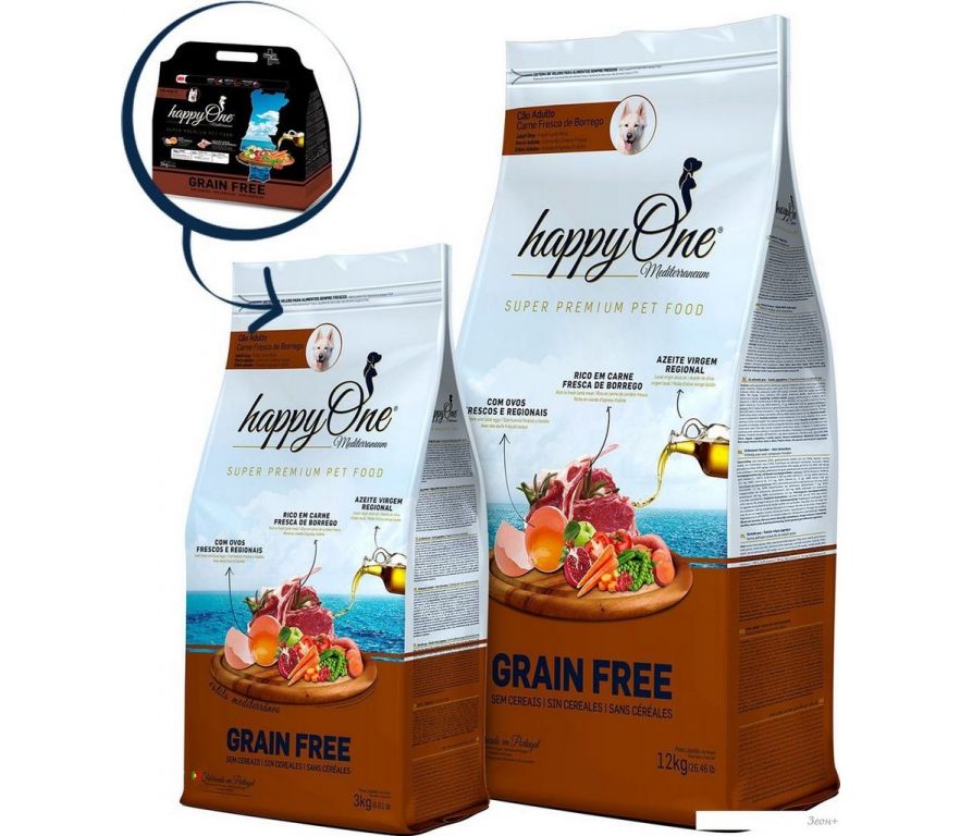 Сухой корм для собак HappyOne Mediterraneum беззерновой со свежим яйцом и свежим мясом ягненка 12 кг