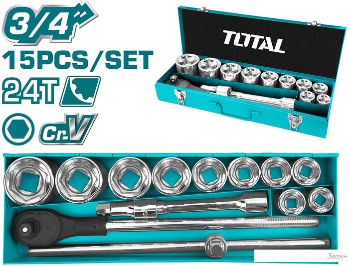 Набор трещотка с головками Total THT341151 (15 предметов)