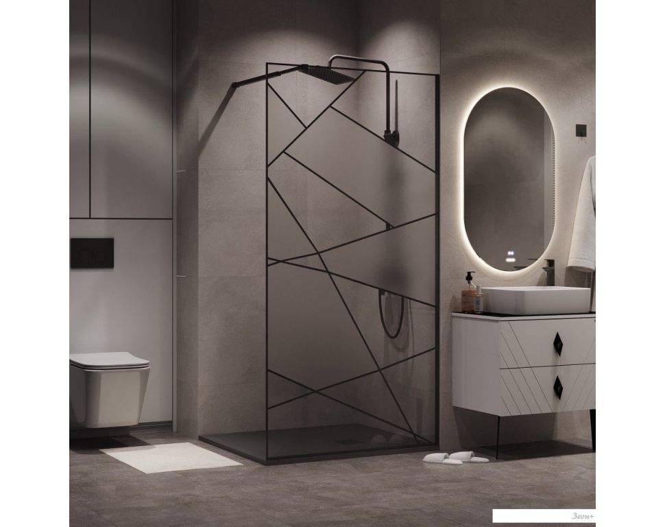 Душевая стенка Niagara NG-680-10BLACK 100x195 (черный матовый/прозрачное стекло с рисунком)