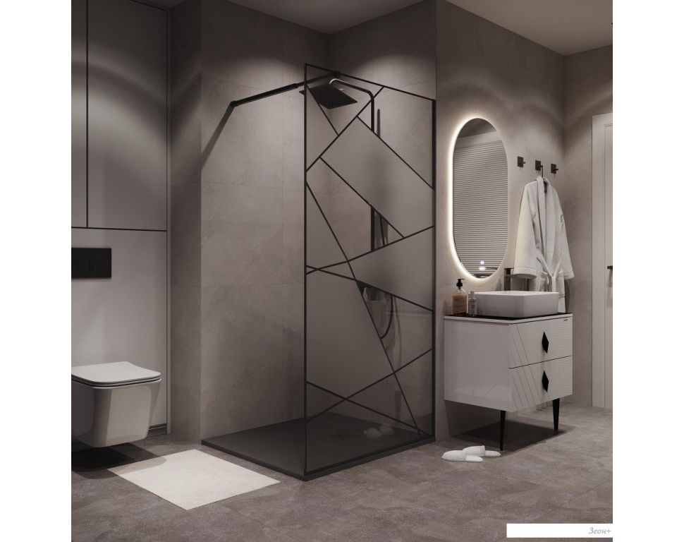 Душевая стенка Niagara NG-680-10BLACK 100x195 (черный матовый/прозрачное стекло с рисунком)