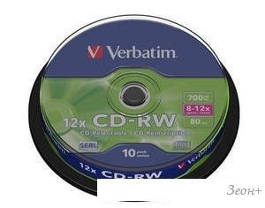 CD-RW диск Verbatim 700Mb 12х Verbatim DLP Silver 10 шт. CakeBox 043480, SERL