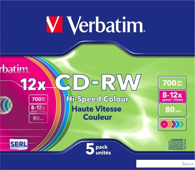 CD-RW диск Verbatim Colour 700Mb 12x 43167 (SlimCase, 5 шт.)