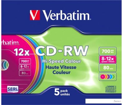 CD-RW диск Verbatim Colour 700Mb 12x 43167 (SlimCase, 5 шт.)