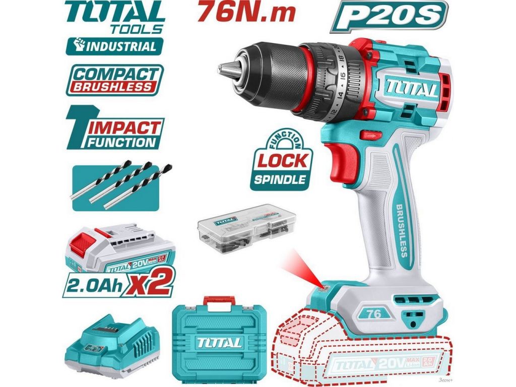 Ударная дрель-шуруповерт Total TIDLI20768 (с 2-мя АКБ, кейс)