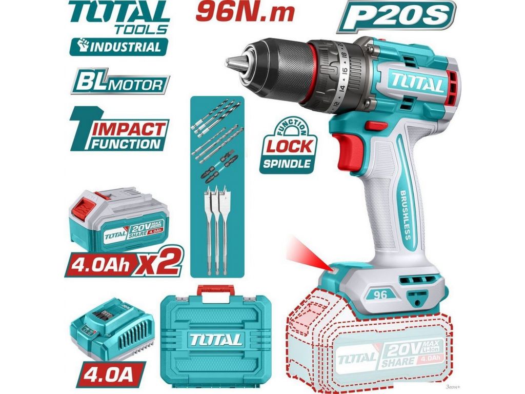 Ударная дрель-шуруповерт Total TIDLI20968 (с 2-мя АКБ, кейс)