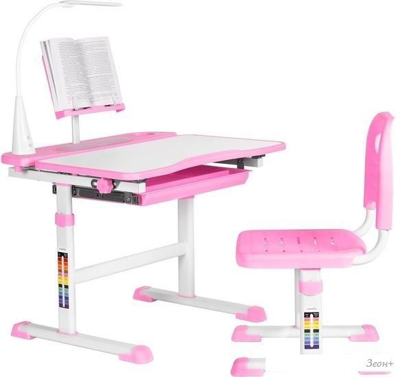 Парта Anatomica Avgusta + стул + выдвижной ящик + светильник + подставка (белый/розовый)