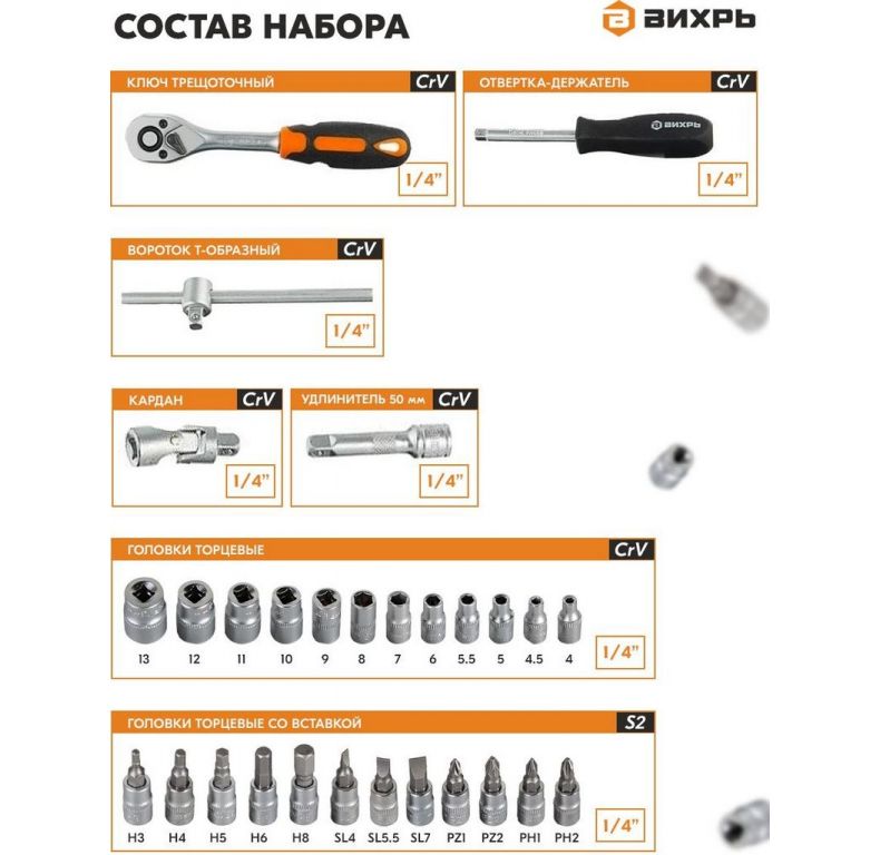 Универсальный набор инструментов Вихрь 73/6/7/1 (29 предметов)