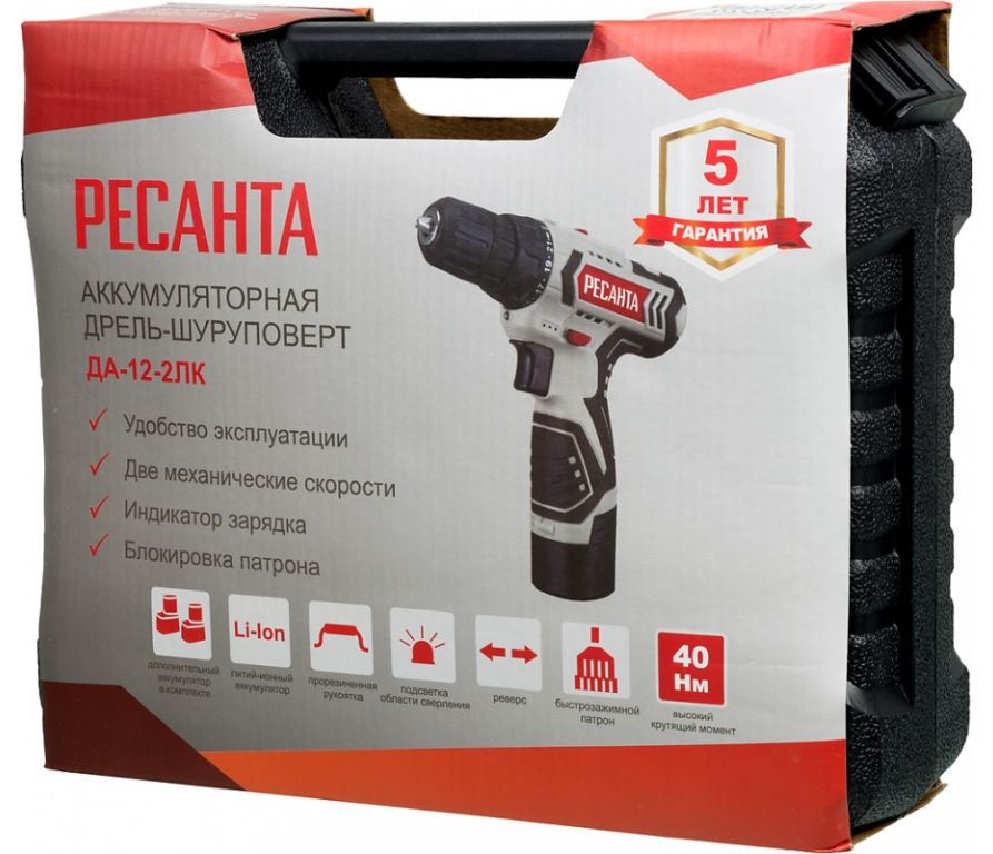 Дрель-шуруповерт Ресанта ДА-12-2ЛК (с 2-мя АКБ, кейс)