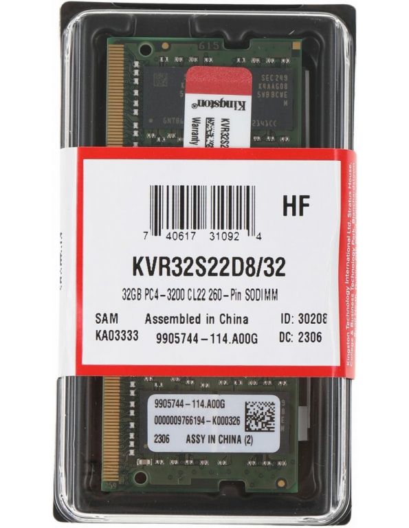 Оперативная память Kingston 32GB DDR4 SODIMM PC4-25600 KVR32S22D8/32